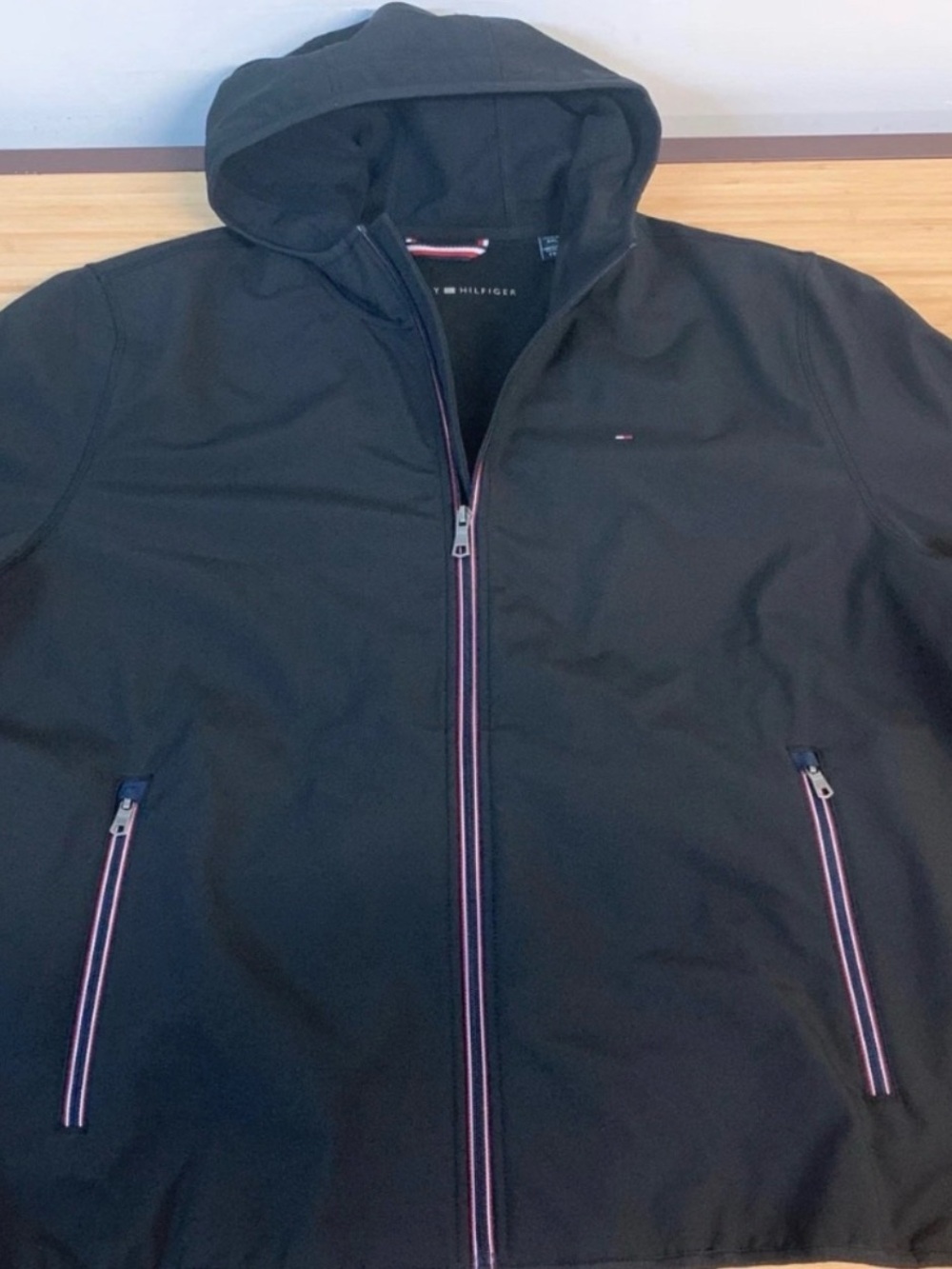 Tommy Hilfiger Black Hooded Windbreaker with Red & White Stripe Trim